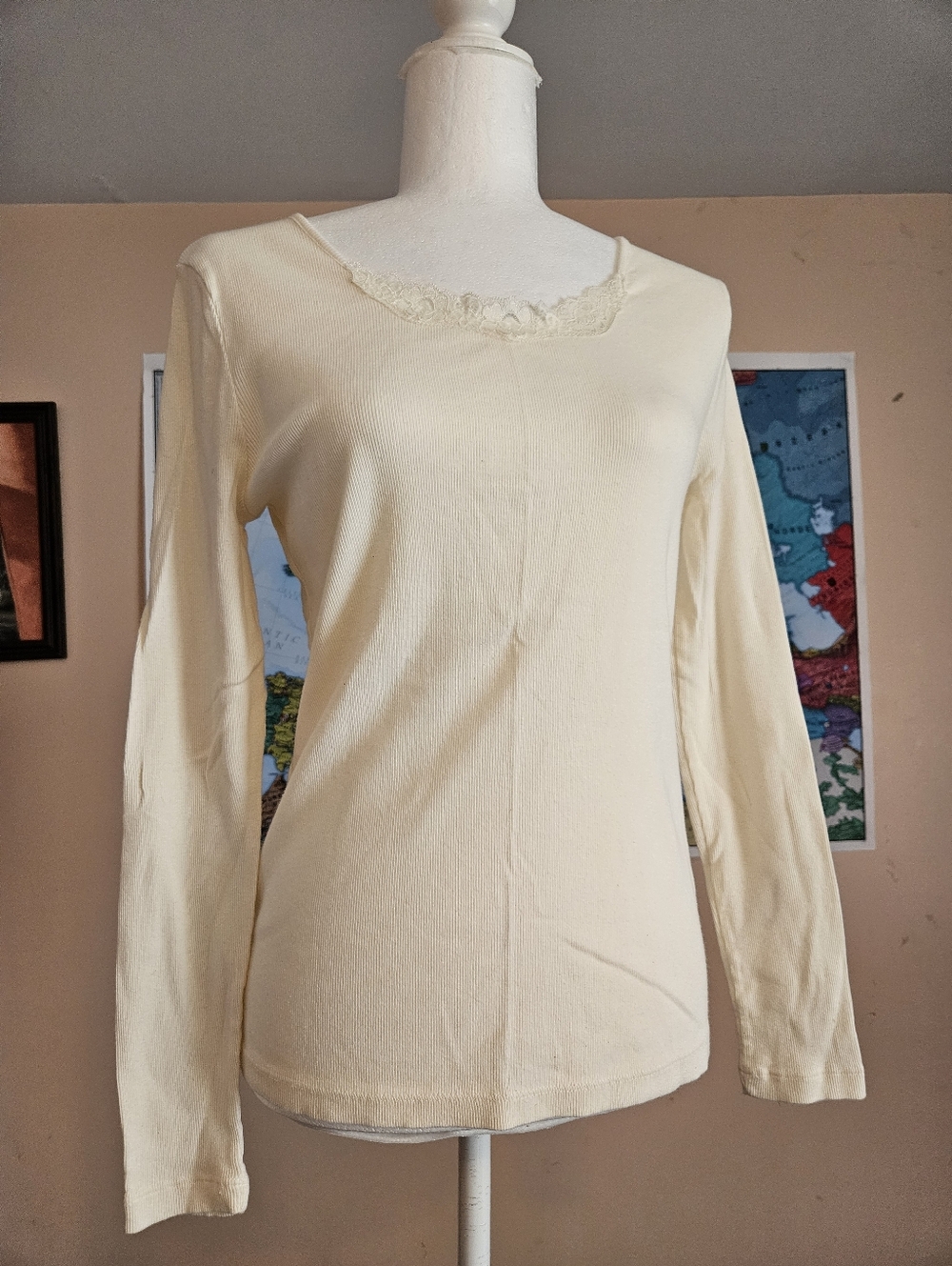 Mountain Lake Ivory Long Sleeve Lace Trim Top